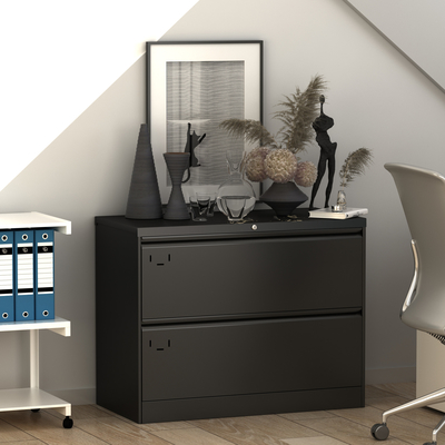 2 Drawer Lateral File Cabinet Black Metal 0.5mm-1.0mm Thickness